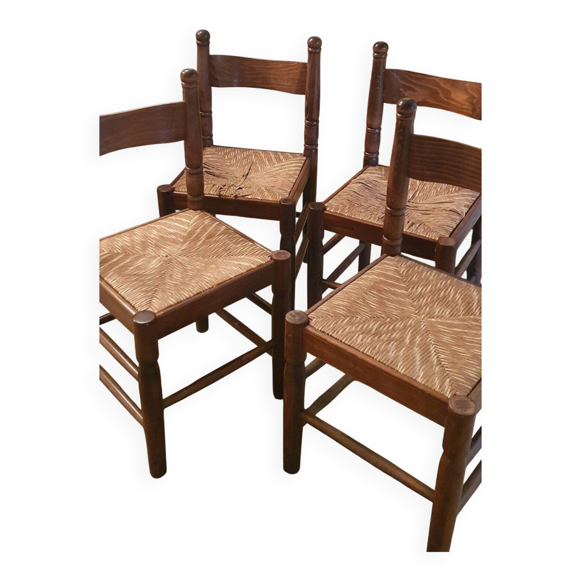 Set of 4 solid wood chairs with rush seating.