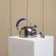 Polished argent metal kettle with blue accents – Italian 1980s design, retro stainless
