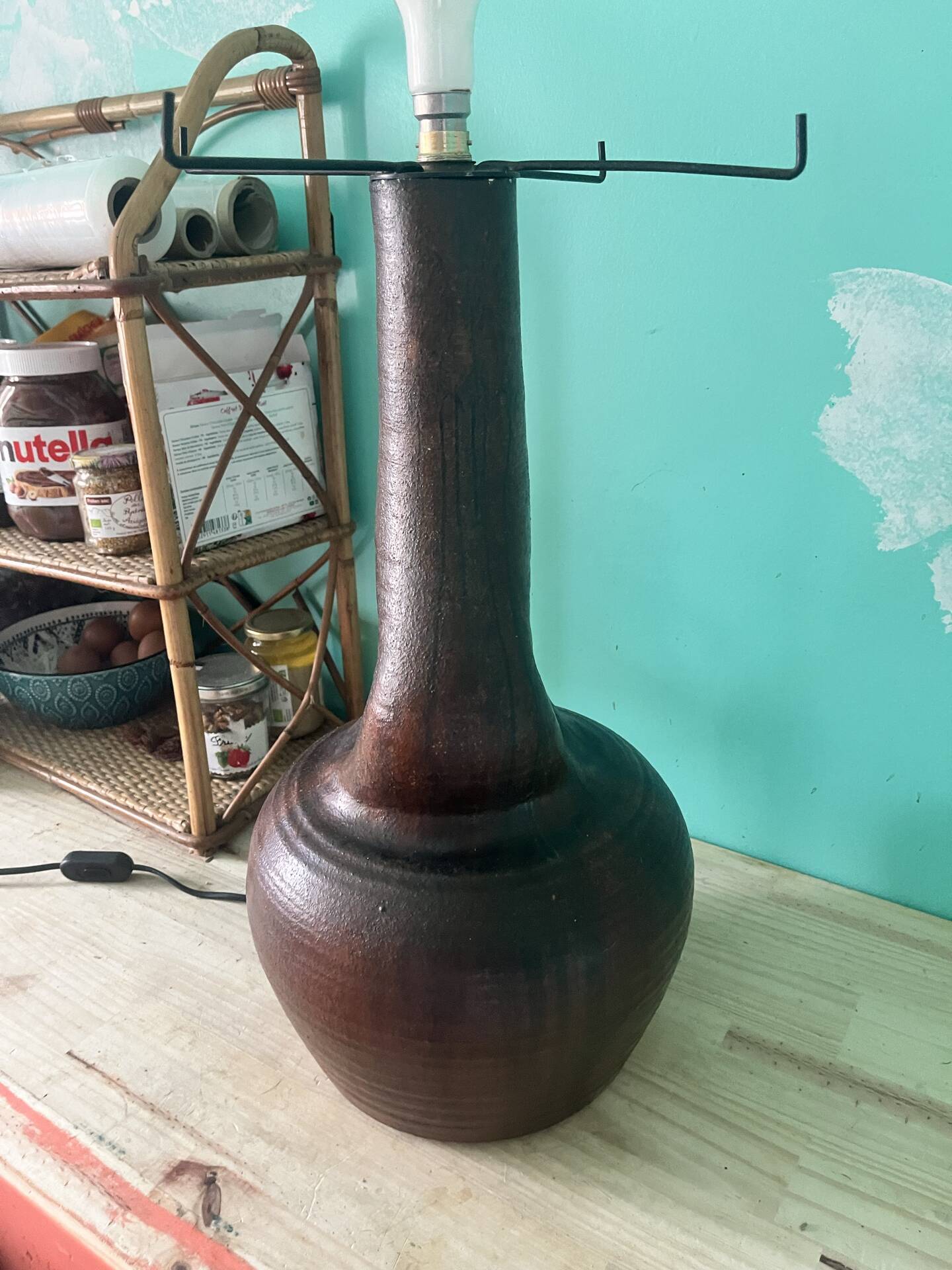 Large vintage ceramic floor lamp accolay & brutalist copper - 10