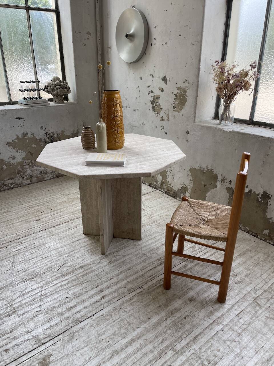 Octagonal travertine coffee table