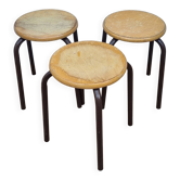 3 tabourets empilables vintage bois et métal style industriel 45 cm