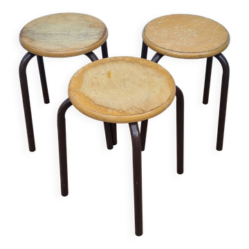 3 tabourets empilables vintage bois et métal style industriel 45 cm