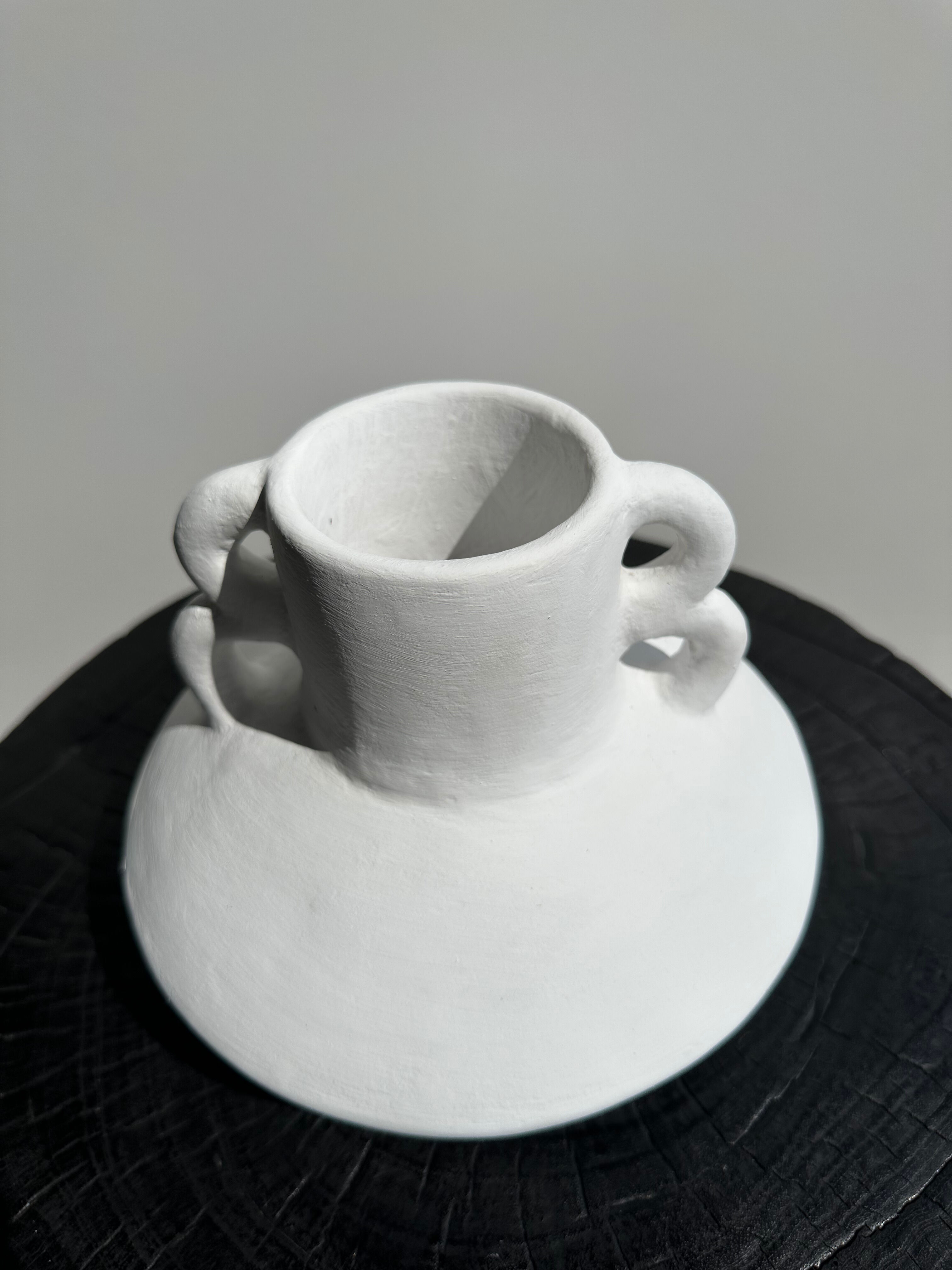 Handmade terracotta vase painted white with double handles H:16 D:20