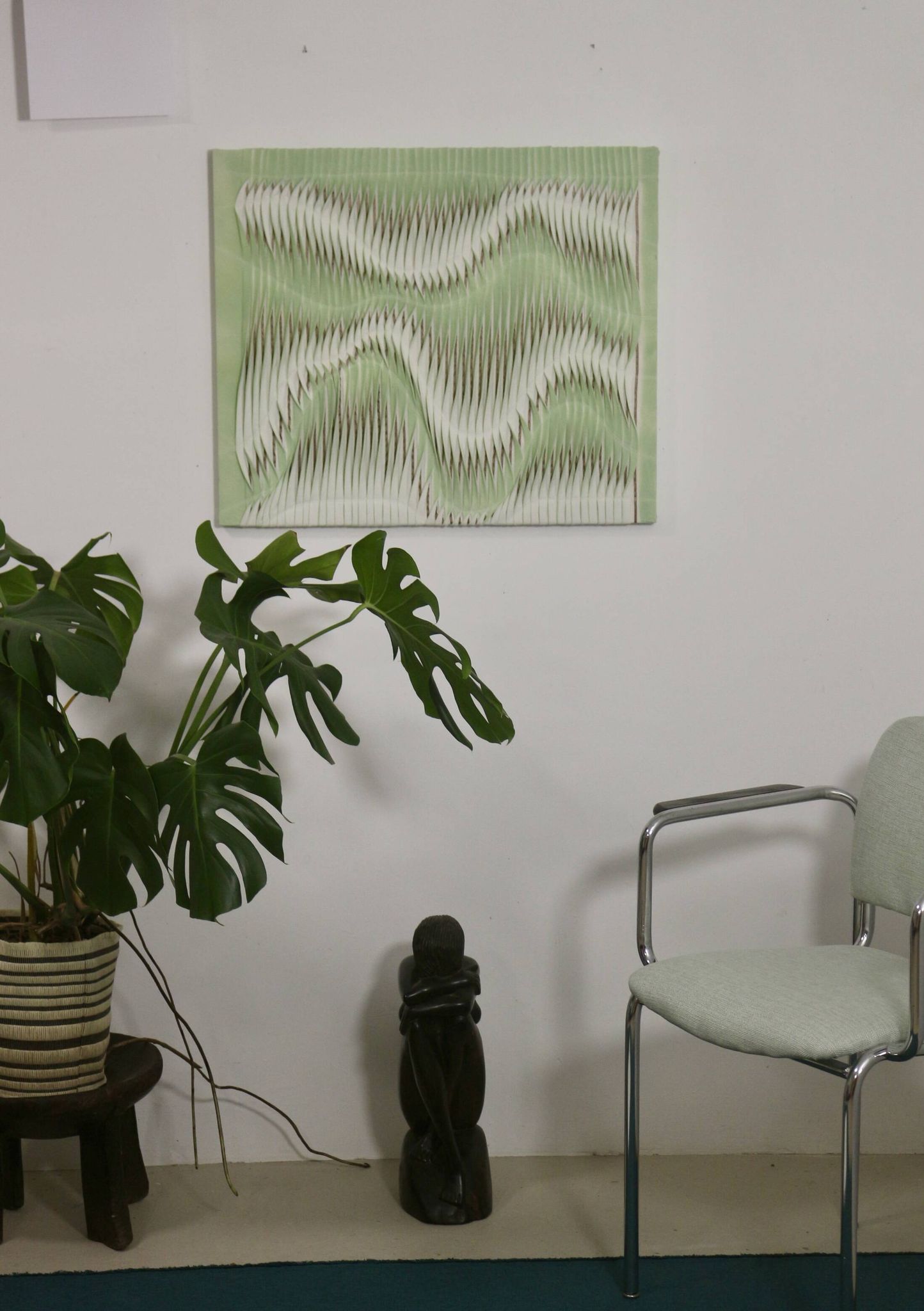 Textured wave effect painting by pleating in light green color. Contemporary. Ref Riviera