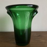 1950s Médicis vase, large Art Deco with handles, made of green blown glass.