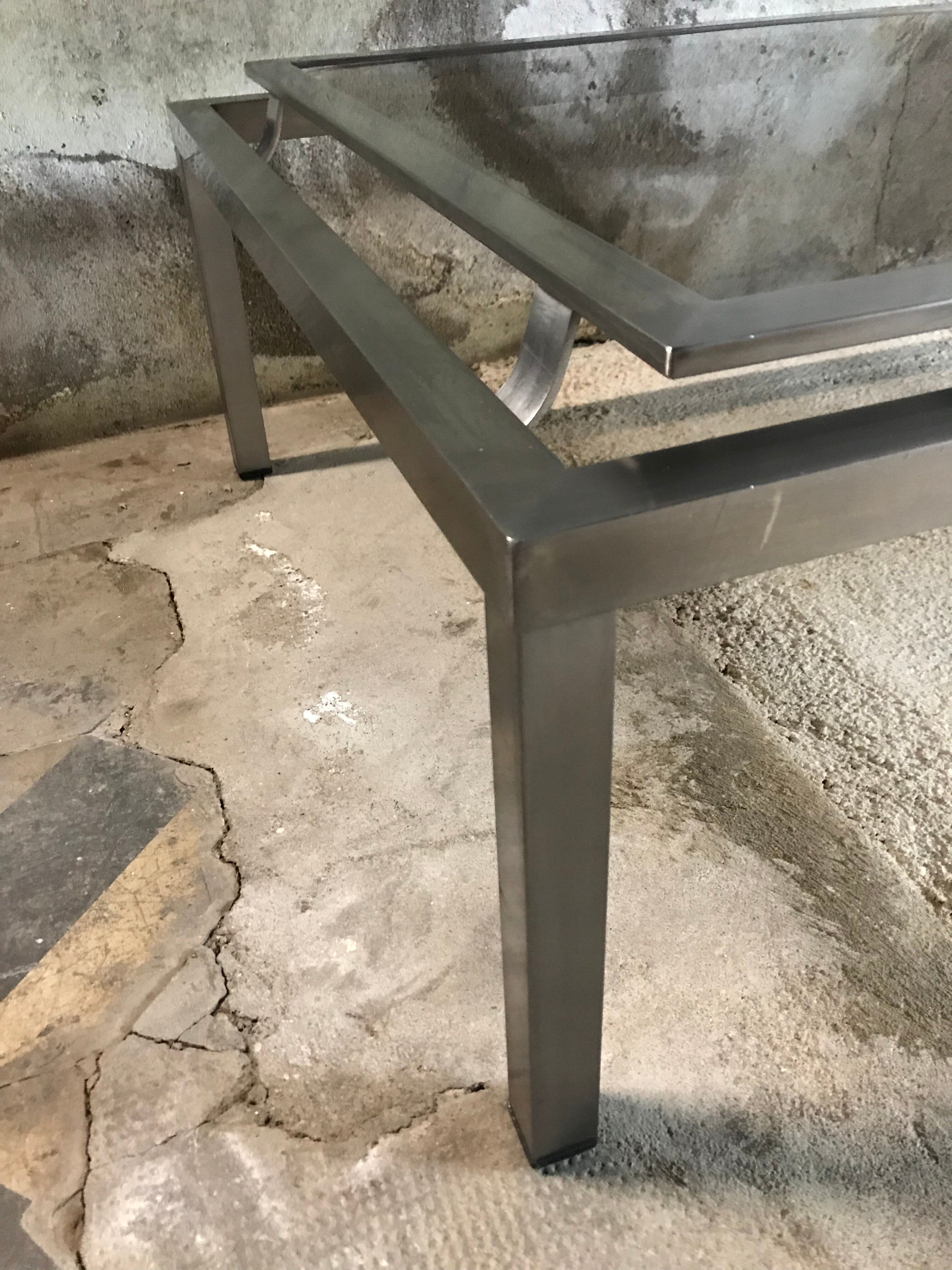 Vintage 1970 stainless steel coffee table and smoked glass