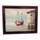 Small marine painting of a boat in oil on panel.