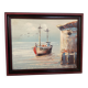 Small marine painting of a boat in oil on panel.