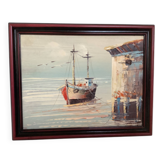 Small marine painting of a boat in oil on panel.