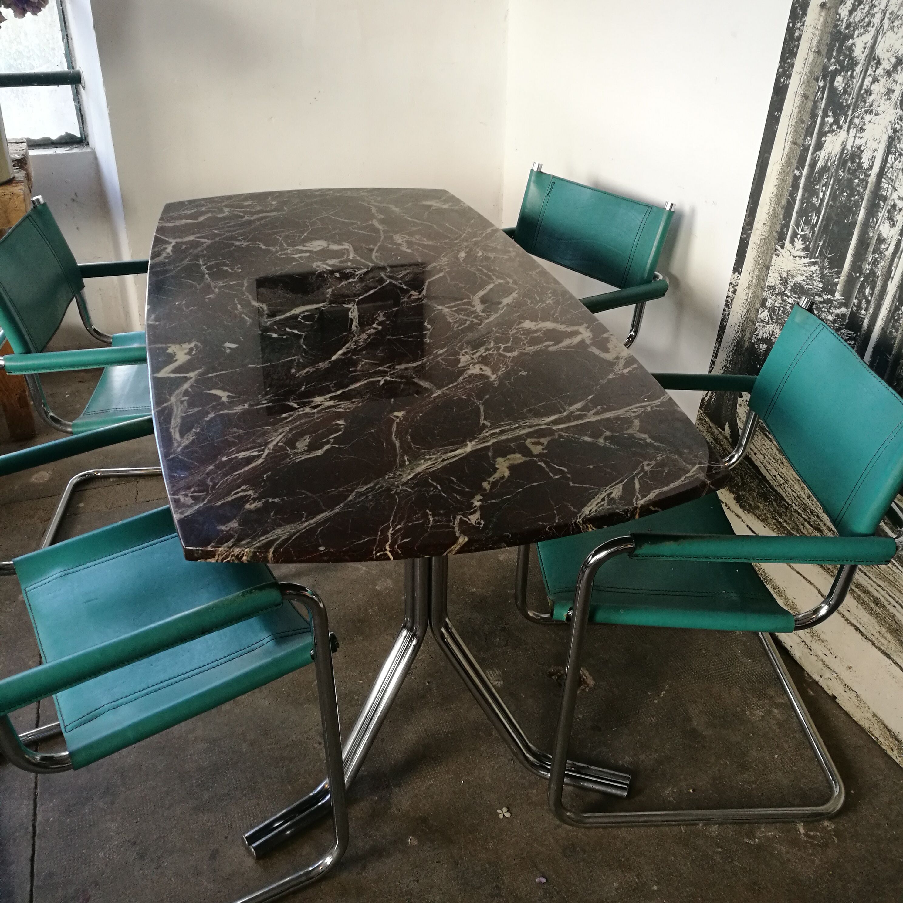 Table, chrome foot, red marble