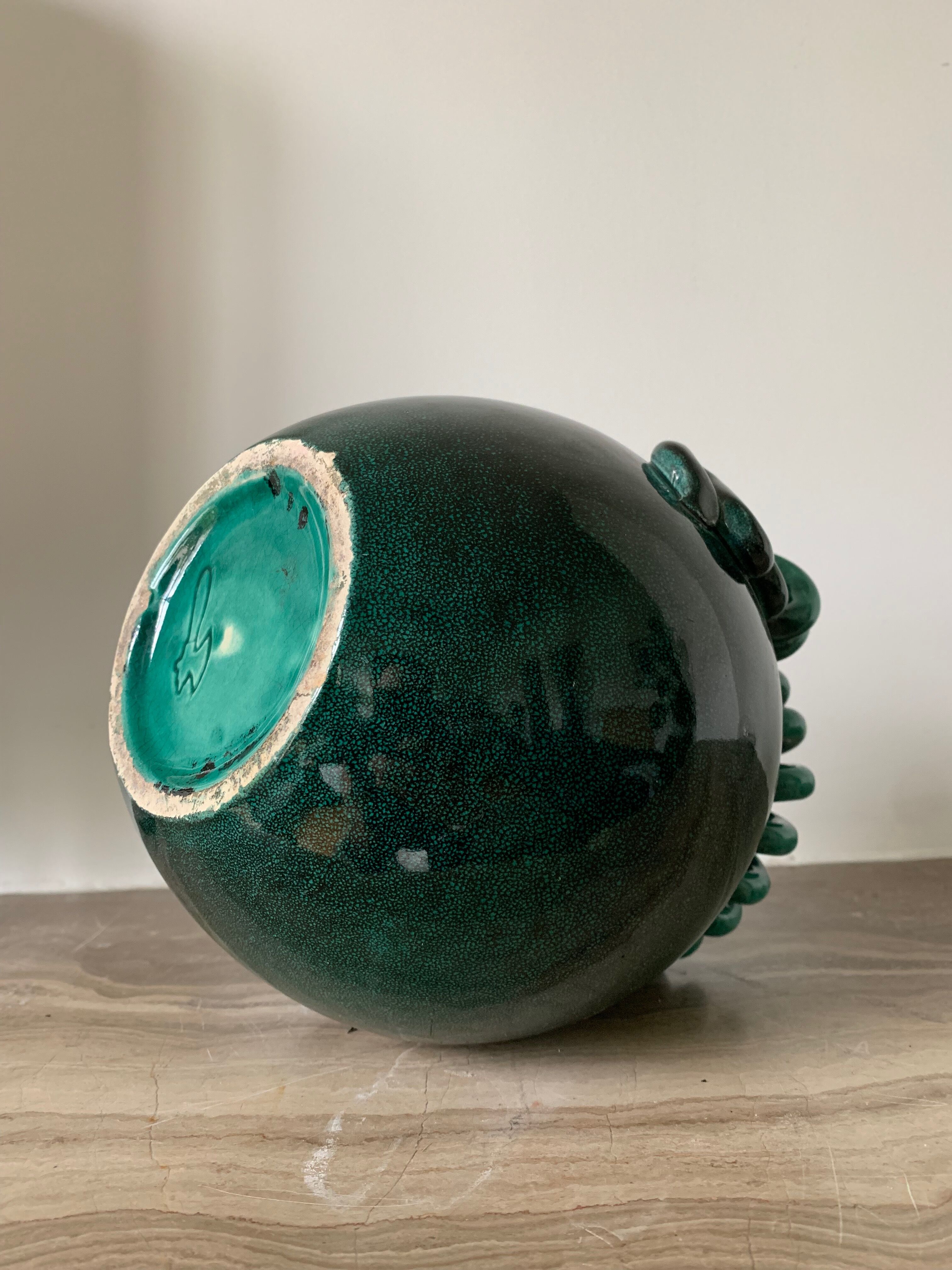 Vase ball enamelled green Gustave Asch for Primavera model ball called Sainte Radegonde