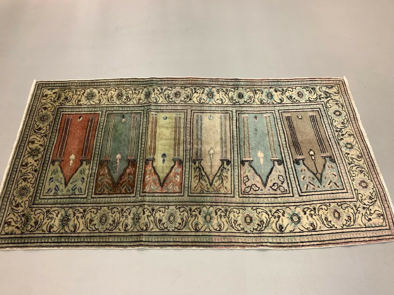 Distressed Turkish Rug 188x101 cm wool Vintage shabby Chic Runner Blue, Beige