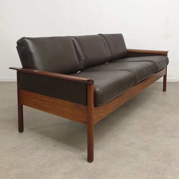 Hans olsen three seater sofa in leather and rosewood