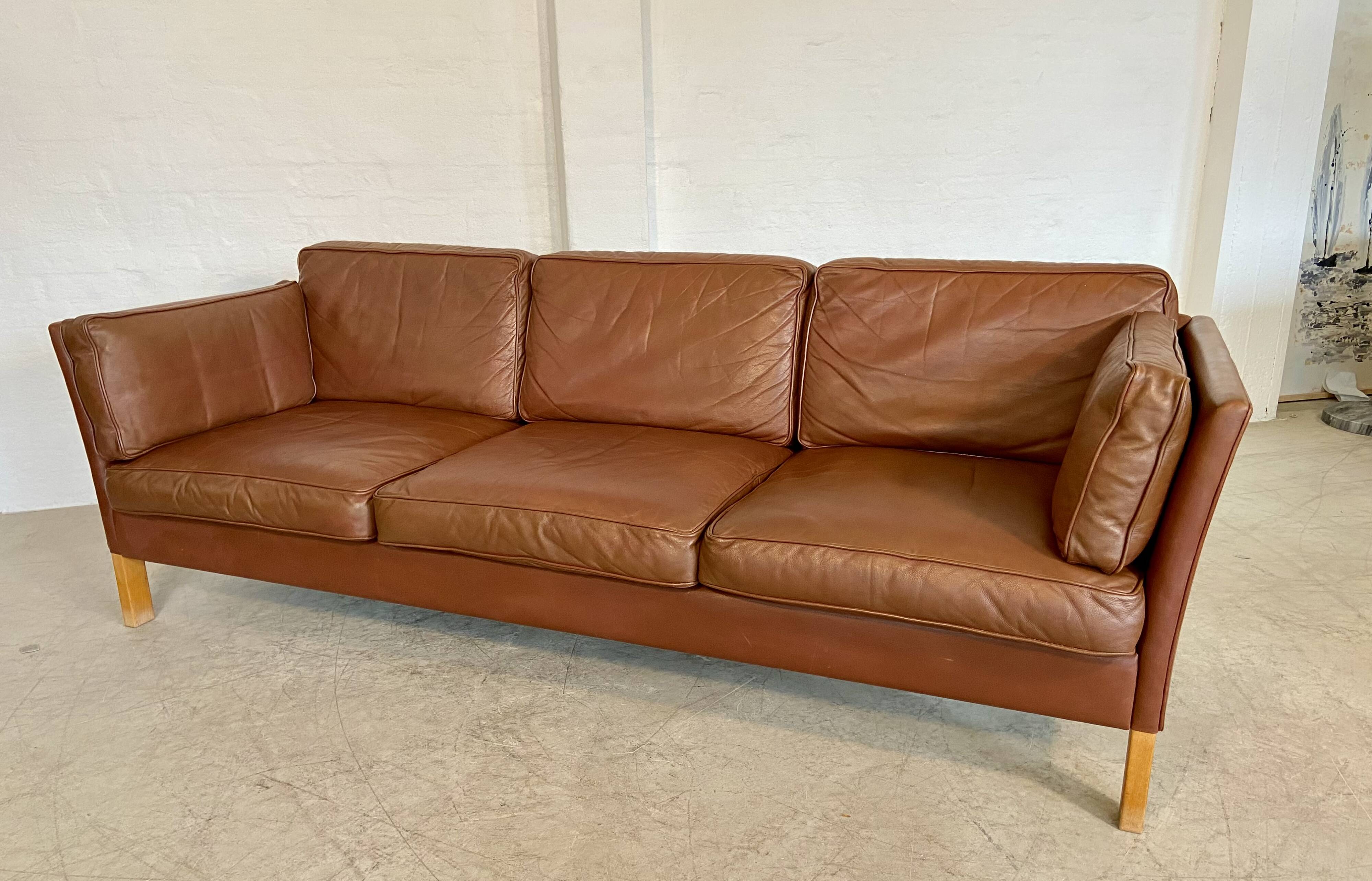 Vintage danish mid century mogens hansen 3 person cognac leather sofa 1960,s