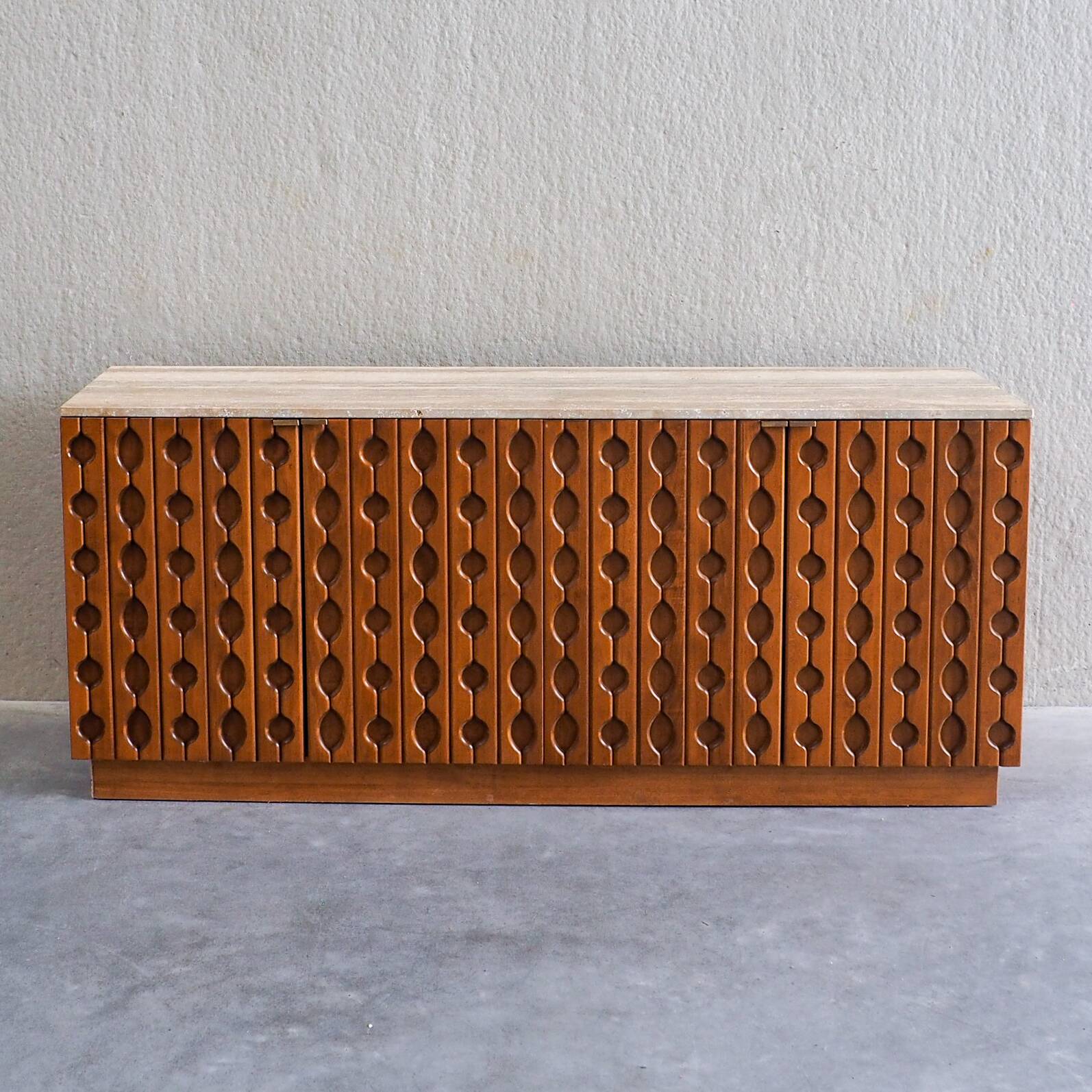 Contemporary Brutalist Carved Wood Sideboard With Travertine Top In review