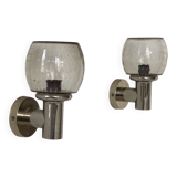 Pair of vintage wall lights, chromed metal and bubbled glass, France, 1960