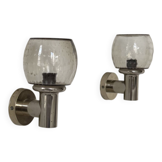 Pair of vintage wall lights, chromed metal and bubbled glass, France, 1960