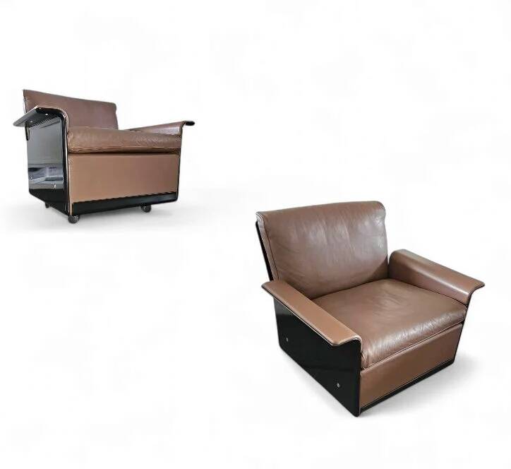 2 x Black shell & brown leather 620 chair programme lounge chair by Dieter Rams for Vitsoe, 1980s, top condition