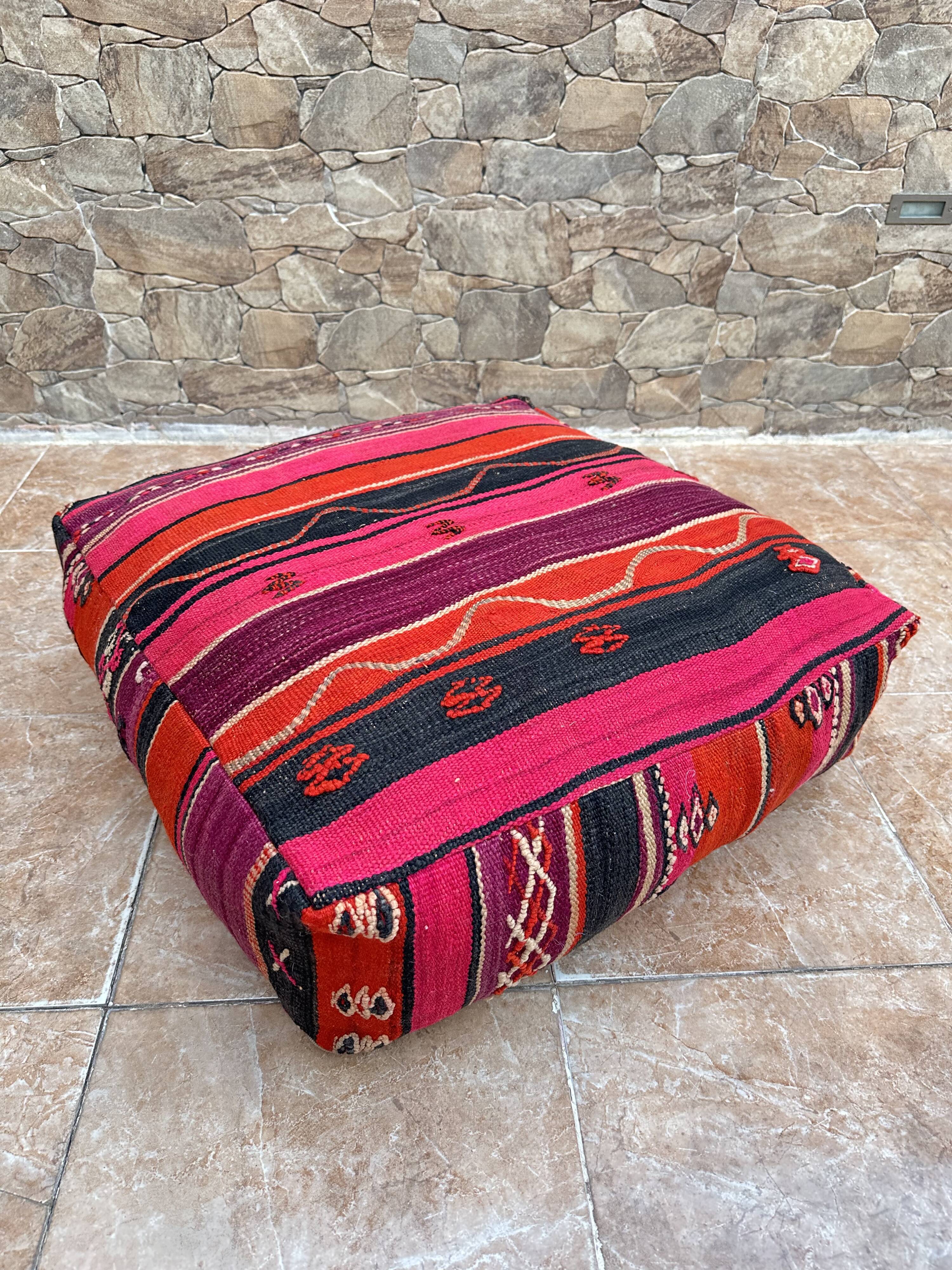 Vintage handmade Berber Kilim pouf, Moroccan floor cushion.