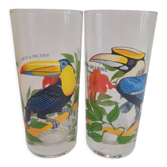 Duo of large lemonade glasses decorations vintage birds