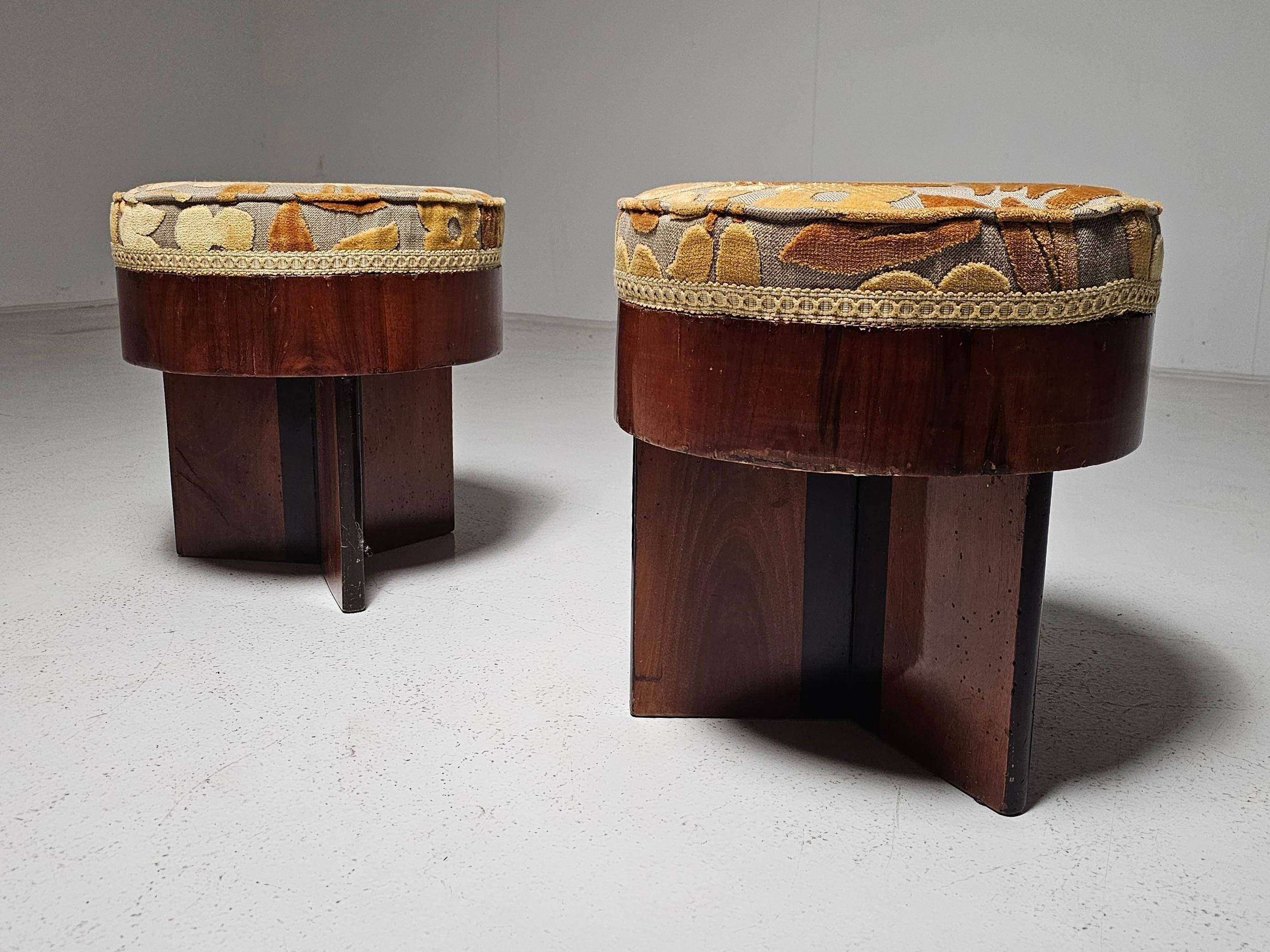 Art Deco stools in walnut and floral printed fabric, Italy.