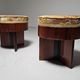 Art Deco stools in walnut and floral printed fabric, Italy.
