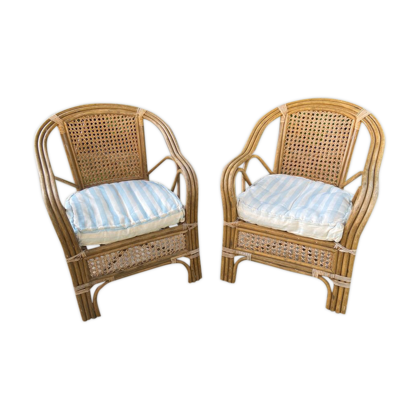 2 vintage armchairs in cannage and bamboo