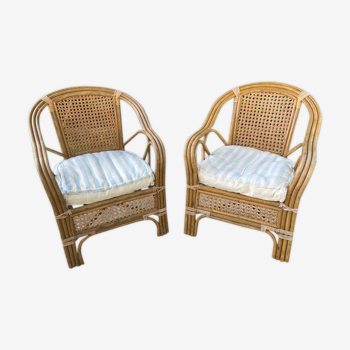 2 fauteuils vintage en cannage et bambou