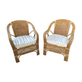 2 vintage armchairs in cannage and bamboo