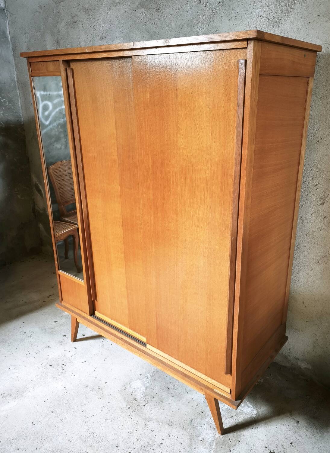 Vintage Scandinavian wardrobe, tapered legs, sliding door.