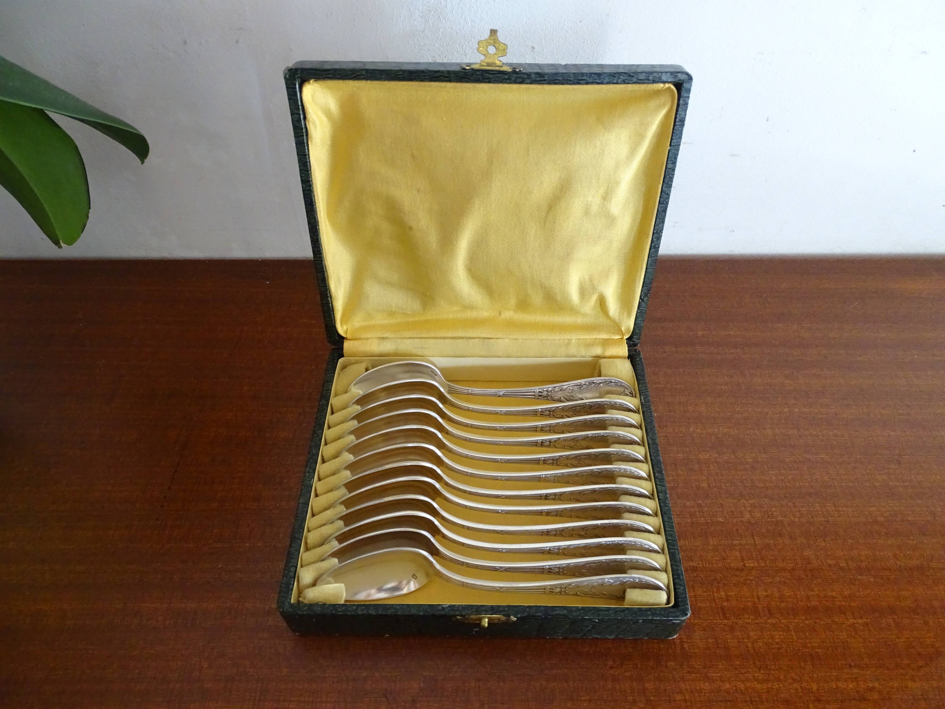 12 dessert spoons Apollo silver metal 1920 in case