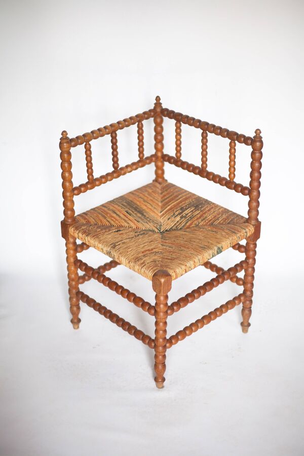 Chaise d'angle bois et cannage, chaise bobine ancienne, chaise d'appoint