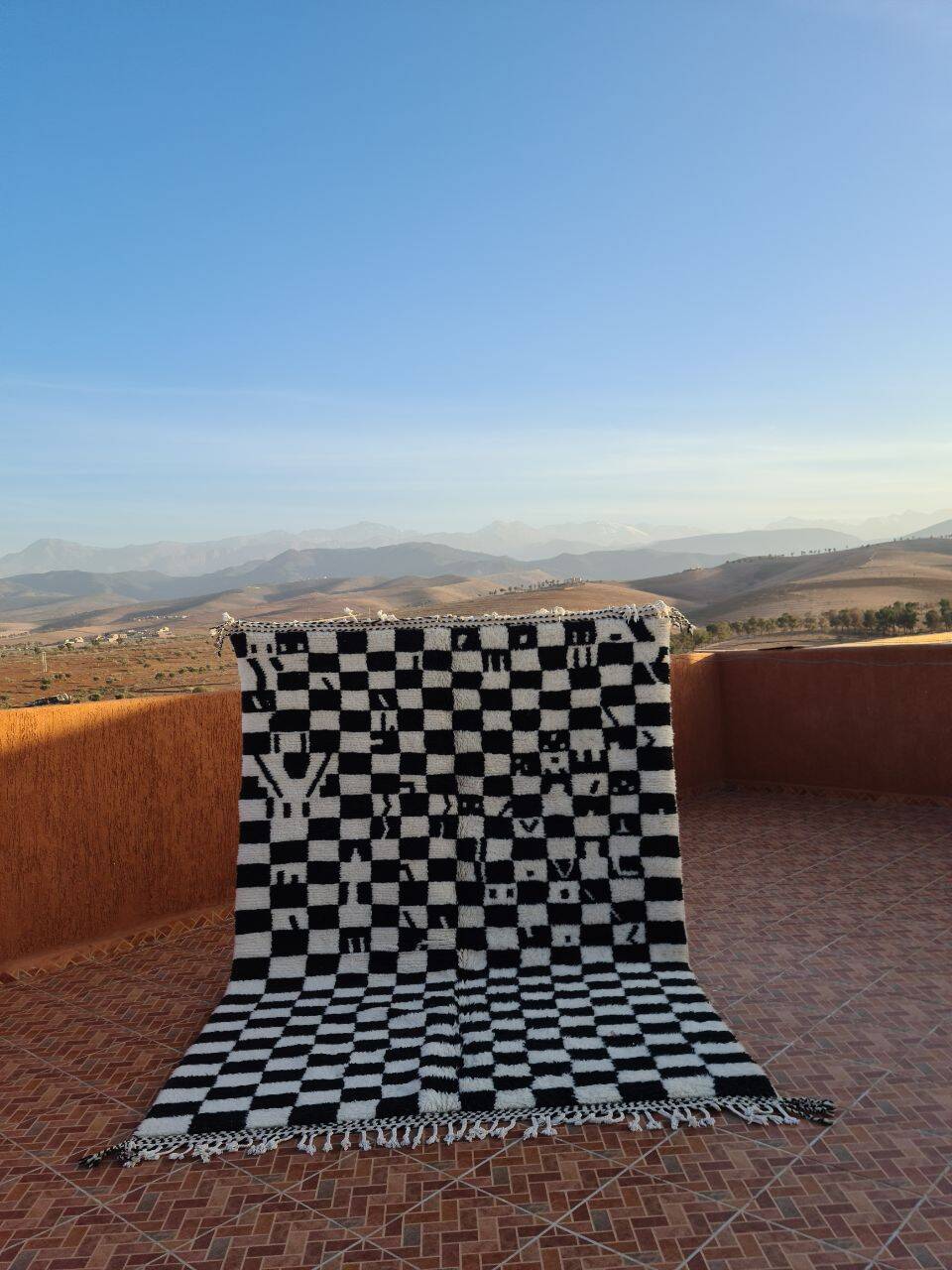 Moroccan Berber Rug Handmade - Black and White Checkered Design | Modern and Bohemian Decor 3x2 M