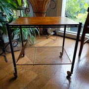 vintage 60s vinyl rolling table with wooden top
