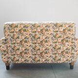 2-seater sofa, floral fabric, wooden structure, plastic and wooden legs, 1970