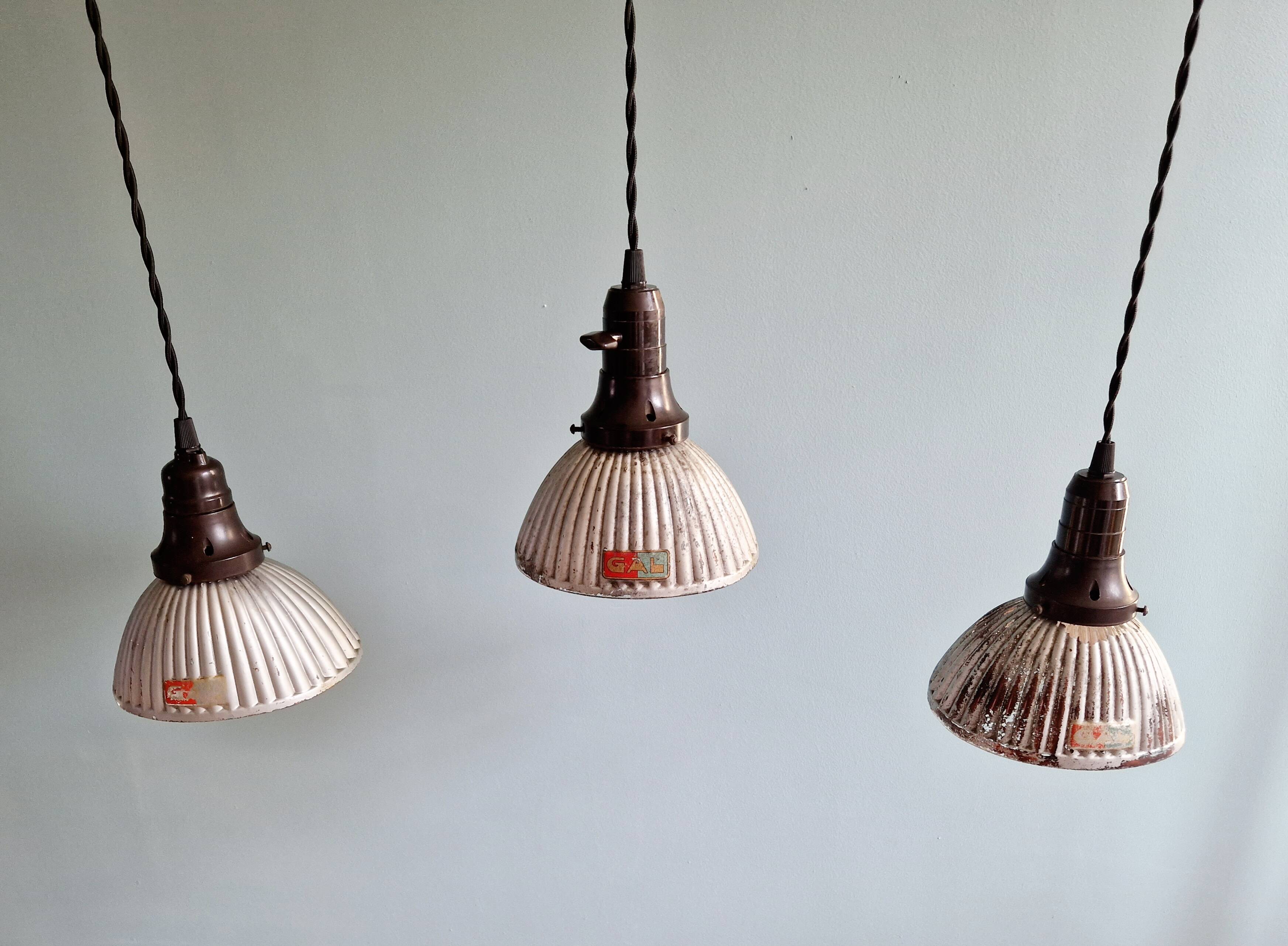 Set of 3 industrial mercury glass pendant lights, GAL (France), 1930s