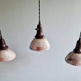 Set of 3 industrial mercury glass pendant lights, GAL (France), 1930s