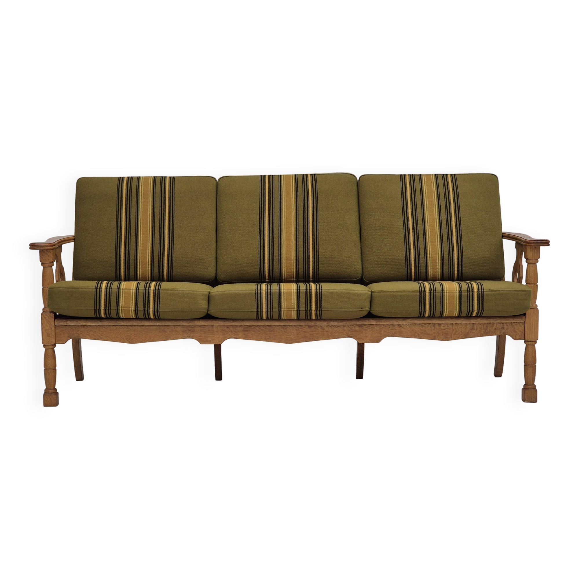 1970s, Danish 3 seater sofa, original condition, furniture wool, solid oak wood.