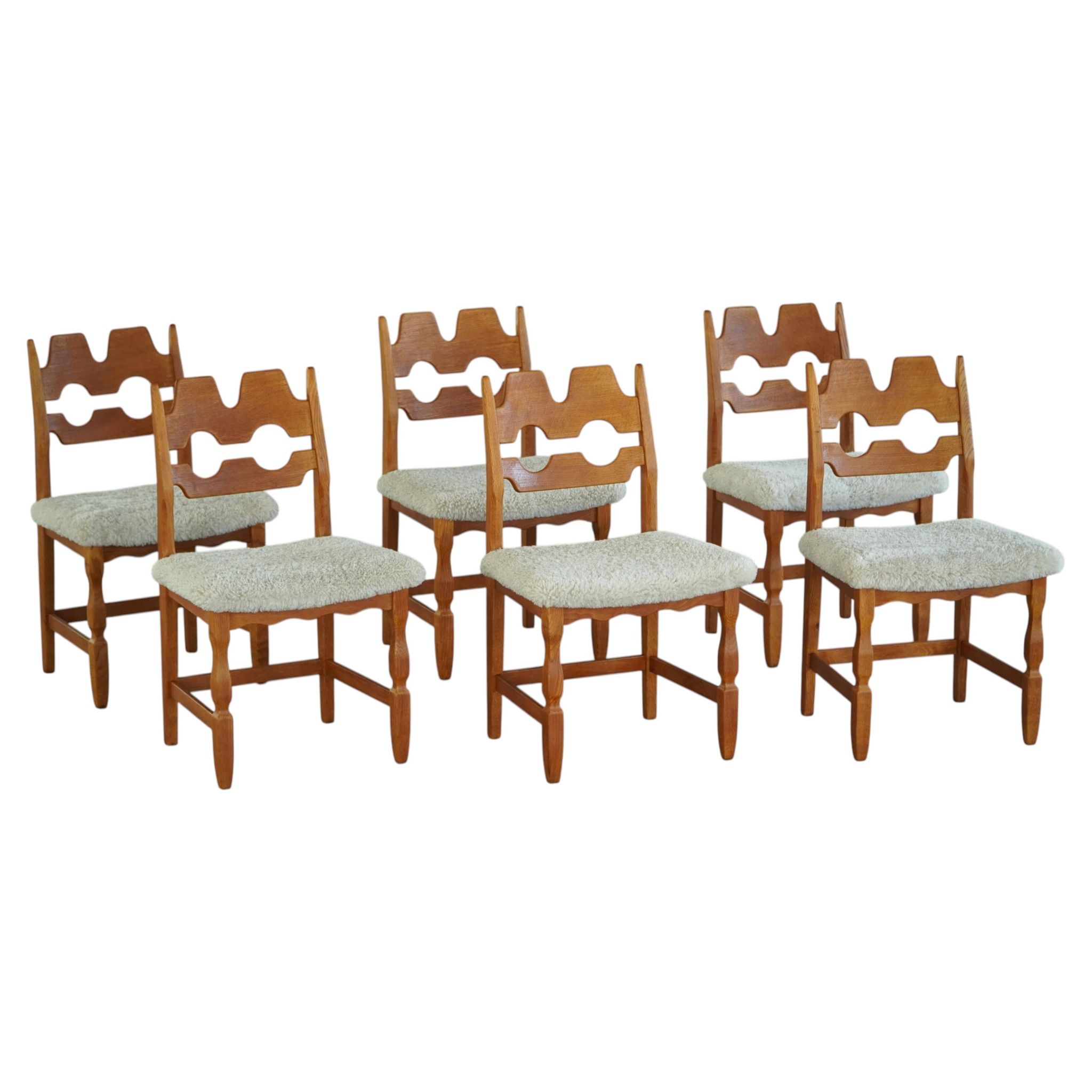 Set of 6 "Razorblade" chairs by Henning Kjærnulf in Oak and Lambswool, 1960s