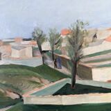 Mid-century modern swedish "slope" landscape, framed oil painting