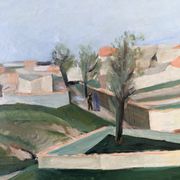 Mid-century modern swedish "slope" landscape, framed oil painting
