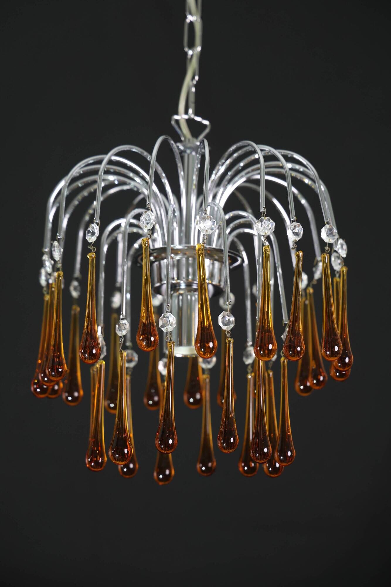 Set of 2 The Amber Crown, Murano Chandelier Amber and Crystal Drops, 1970s