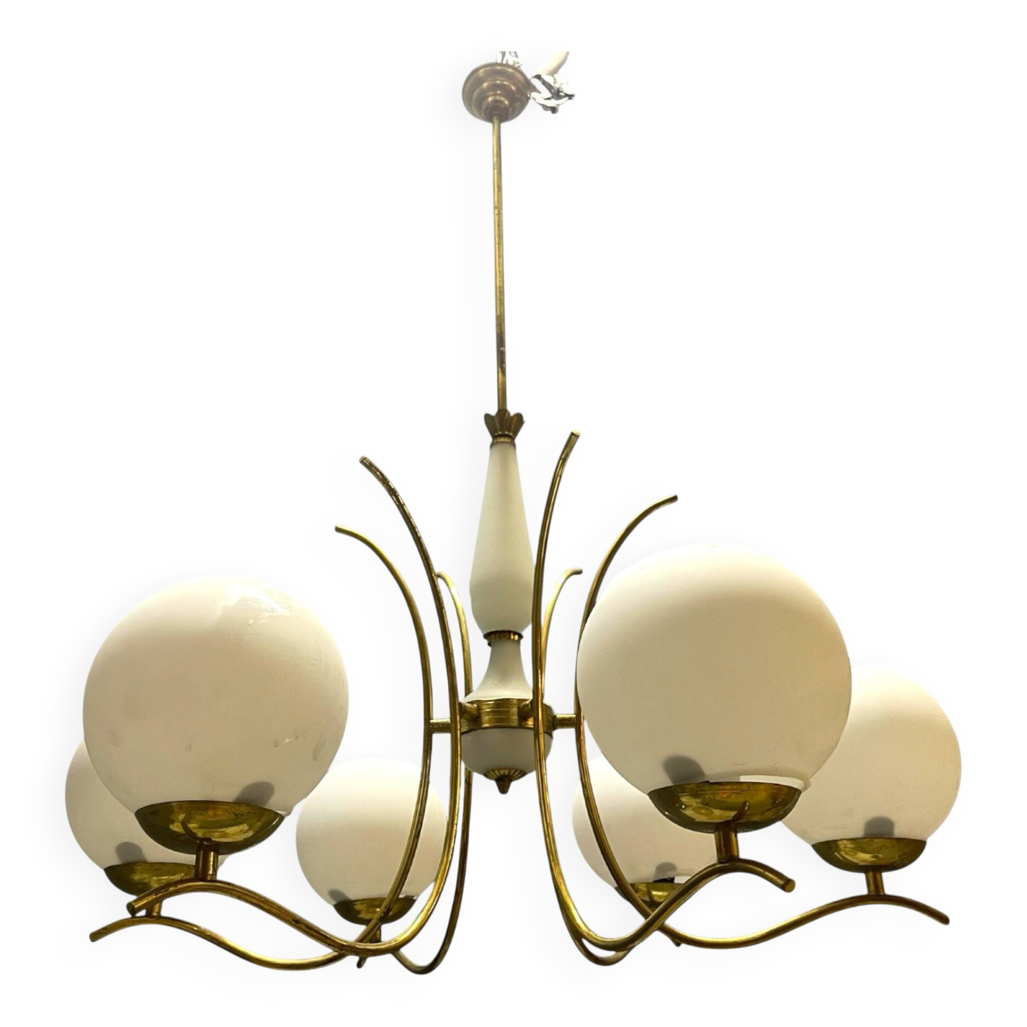 White Opaline Glass & Brass Chandelier, 1960s