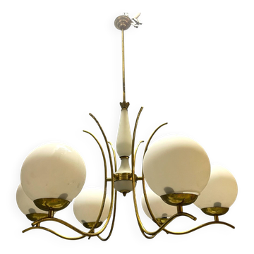 White Opaline Glass & Brass Chandelier, 1960s