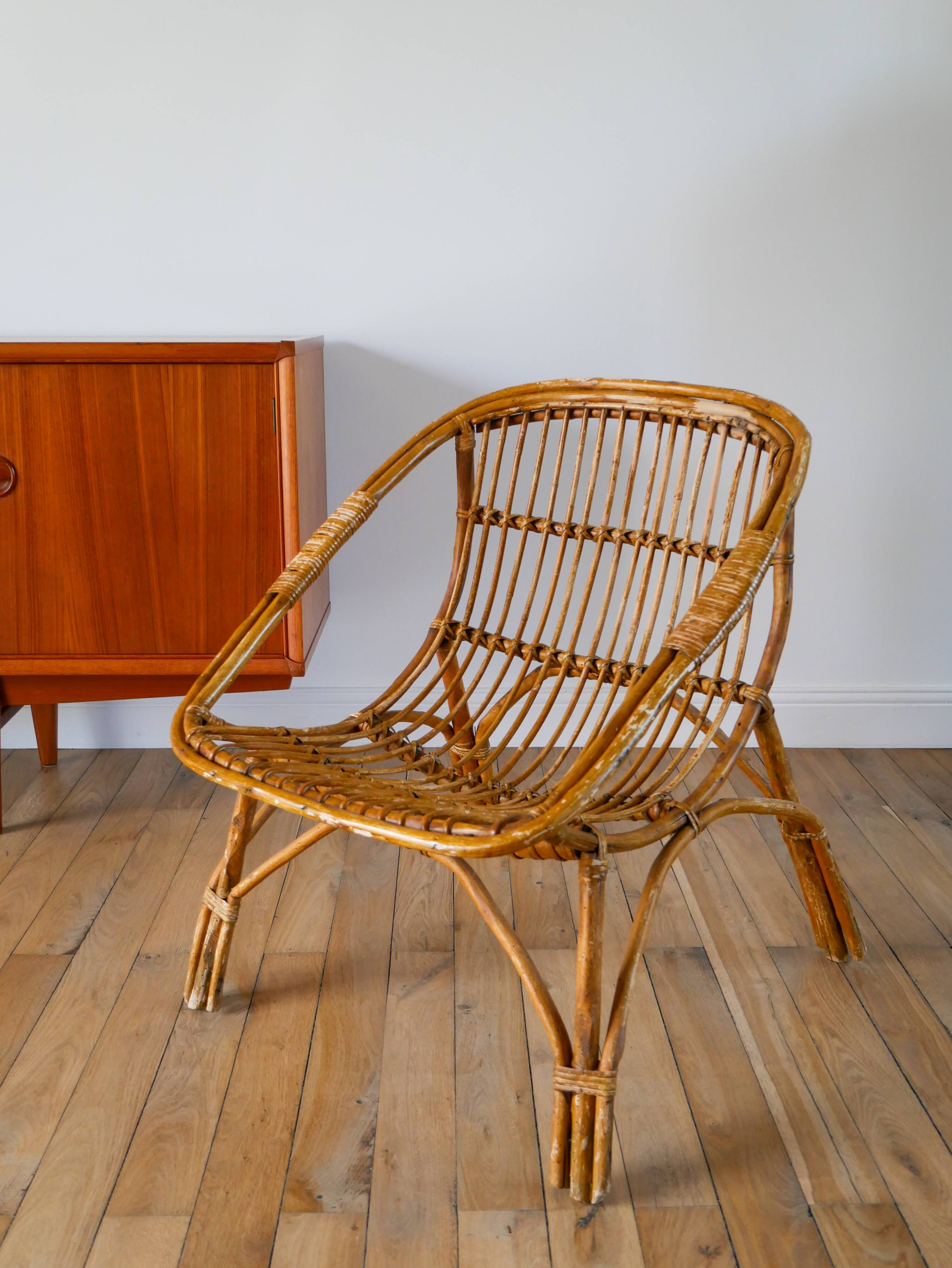 Shell armchair in rattan and bamboo, early 20th century