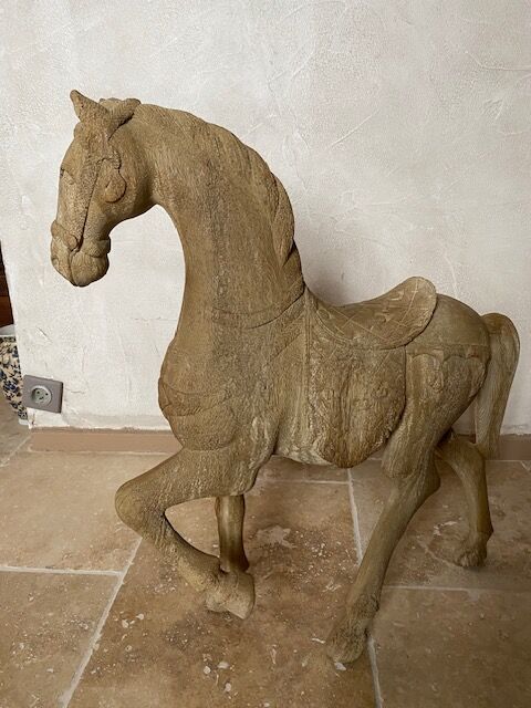 Merry-go-round horse in solid natural blond wood