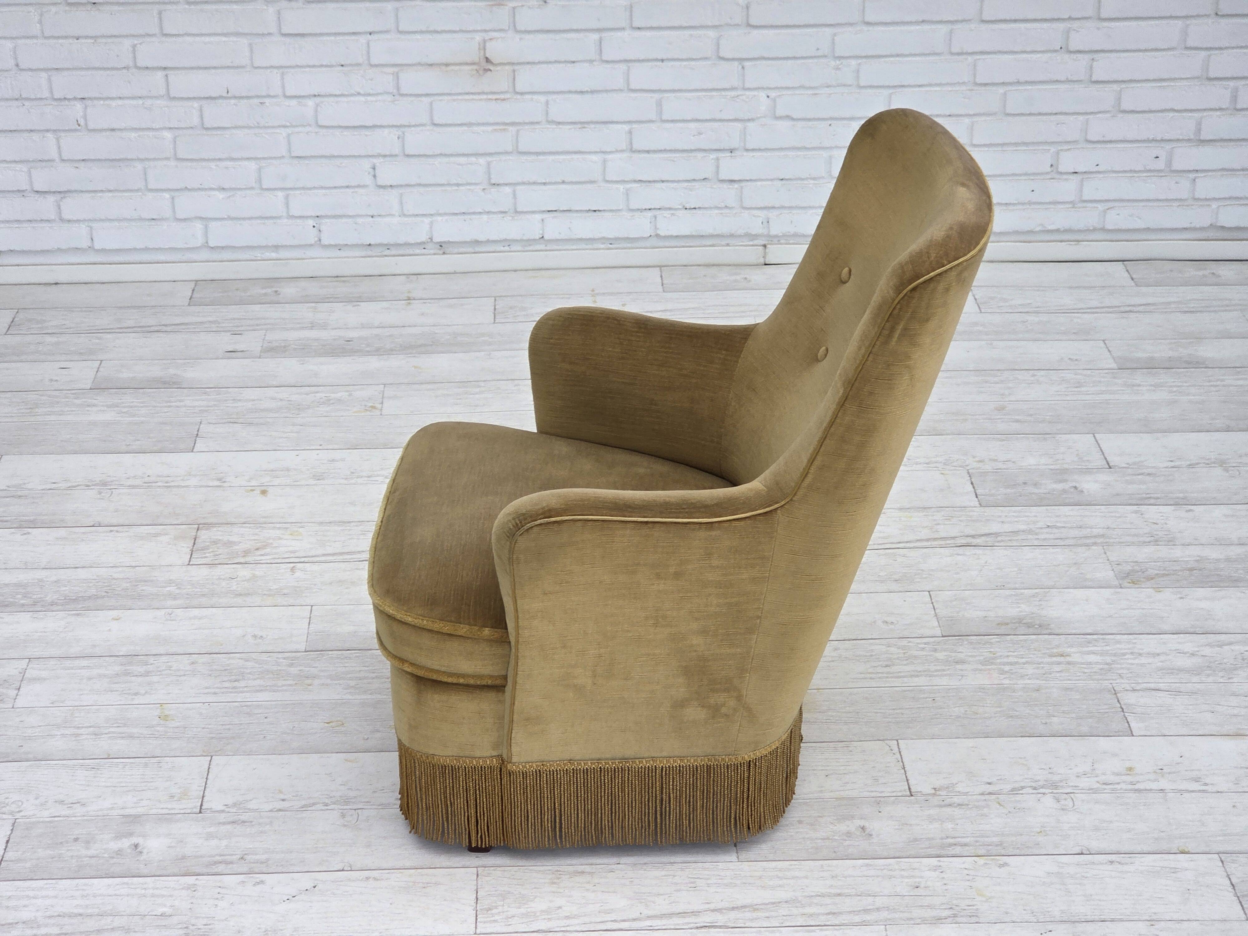 1970s, Danish highback back armchair, light green furniture velour.