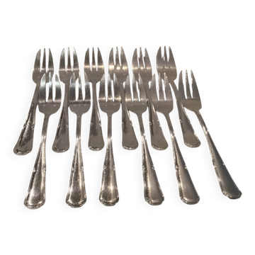 12 silver-plated metal cake forks by silversmith Guillaumot, contours