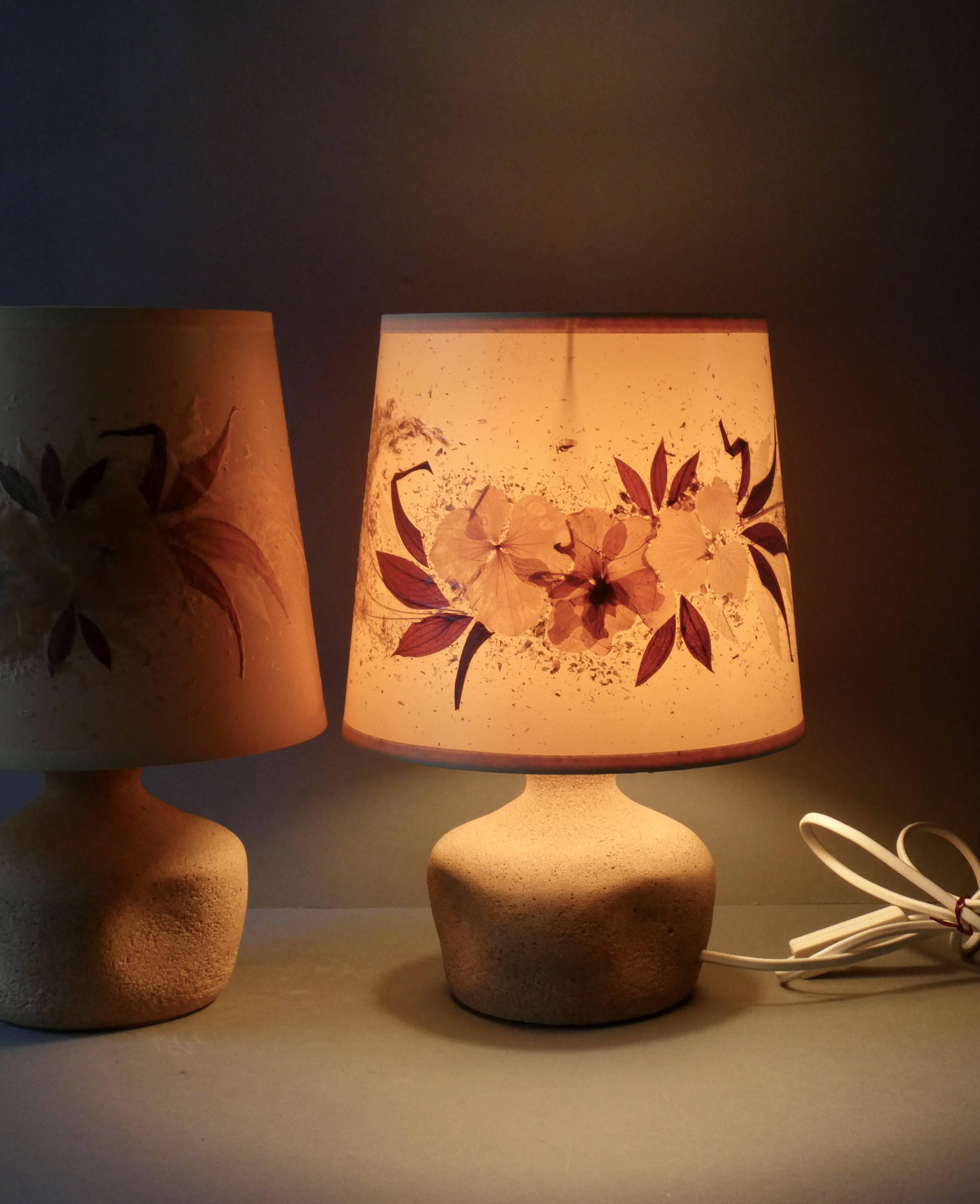 Pair of stone lamps with flower shades, 1970