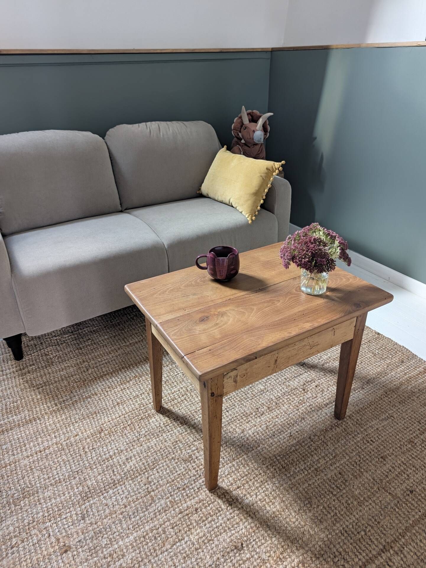 Small antique wooden coffee table with drawer, country style.